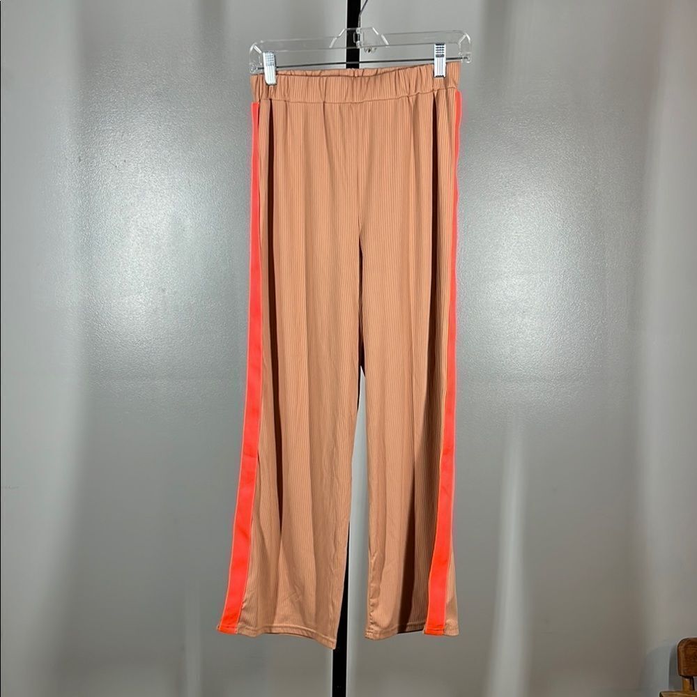 Vivi Stylish Tan Pants with Neon Pink Stripes
